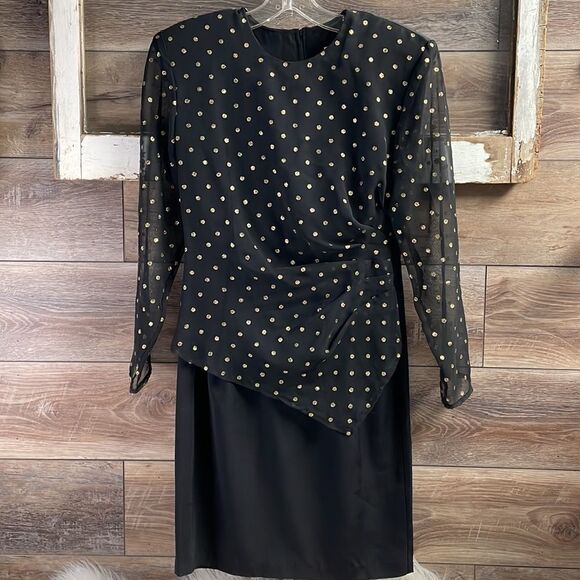 Scarlett Stunning 80s Polka Dot Pencil Dress in Black and Gold, Size 5 - Picture 5 of 9